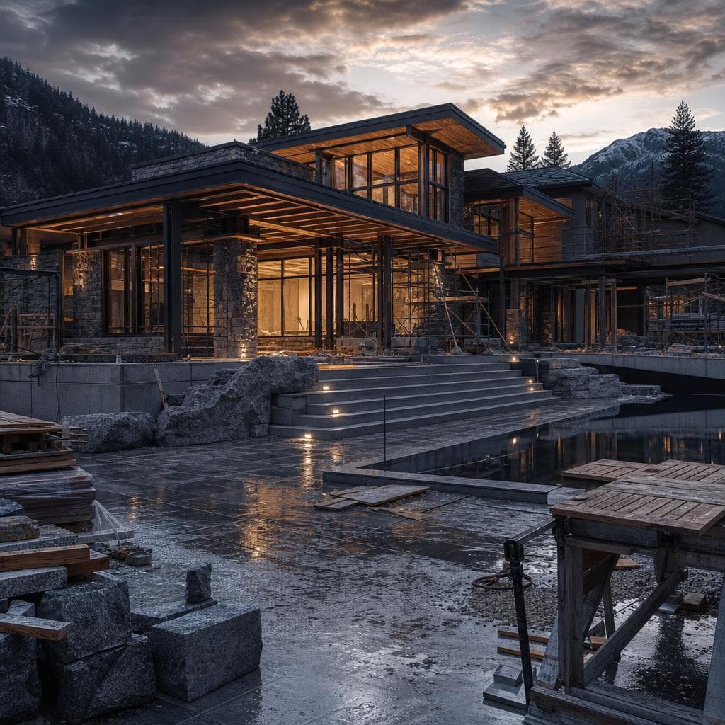 Custom home construction at dusk.