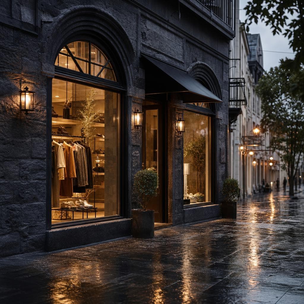 Boutique storefront at dusk.